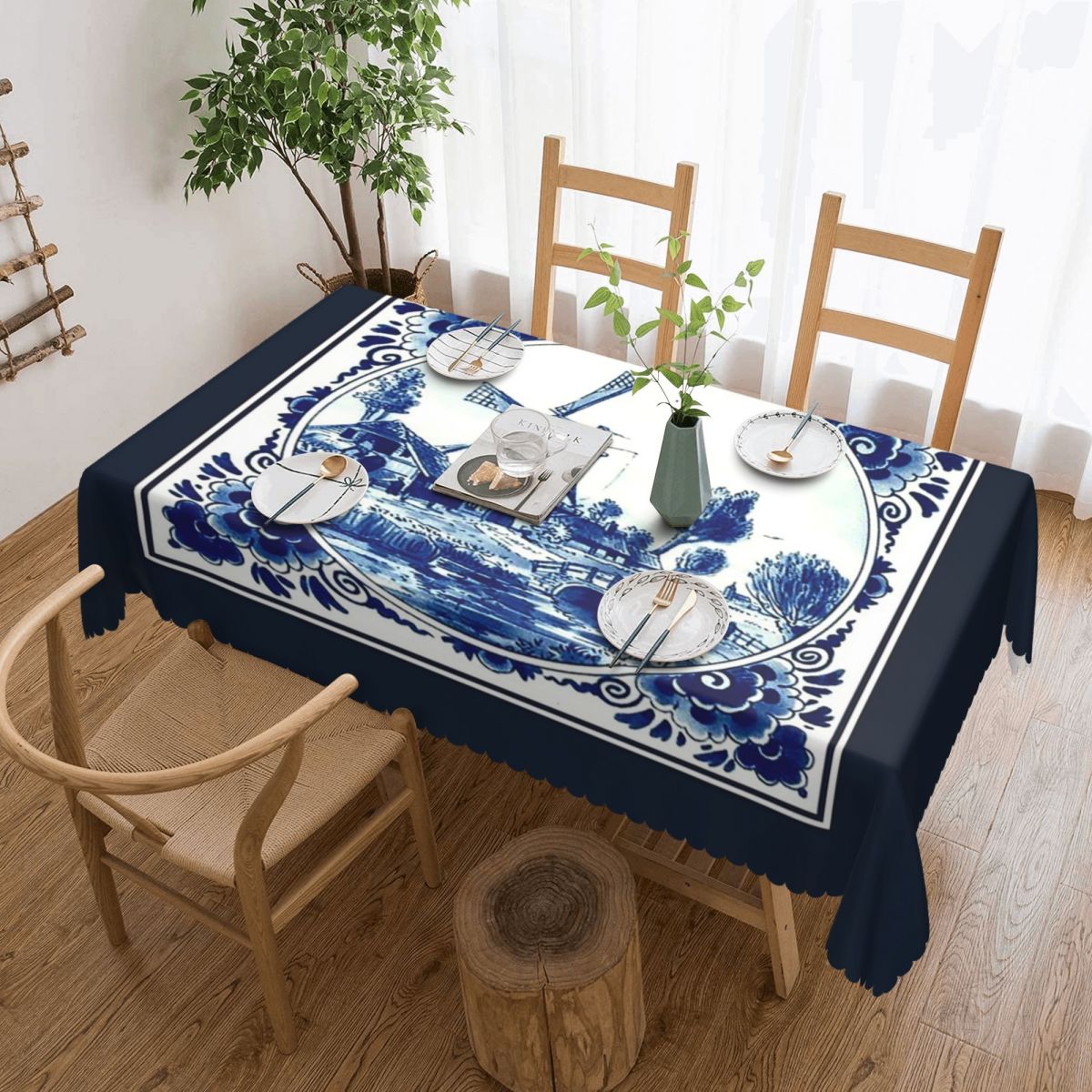 Desk Setup Wallpaper - DUTCH BLUE DELFT Vintage Windmill And
